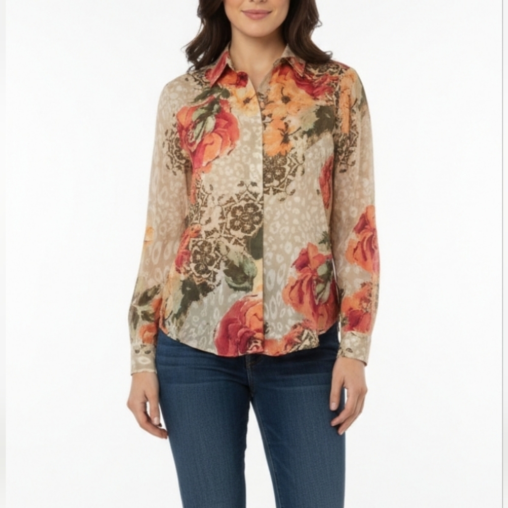 Chico's Women Shirt Size 0 Beige Floral Button Down Shirt